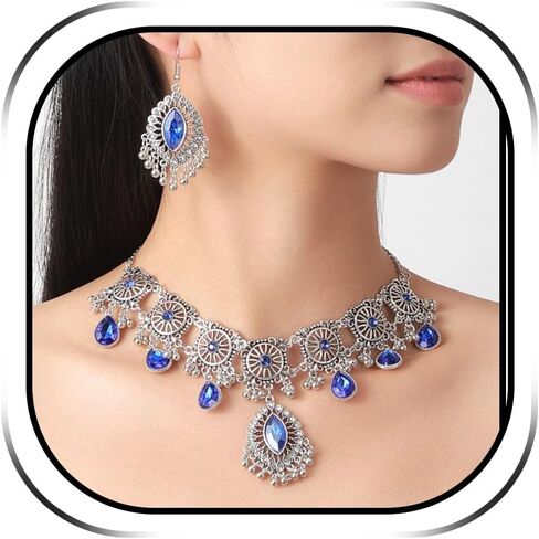 Indian Jewelry Set for Women Oxidized Temple Jewelry Indian Set with Necklace and Jhumka Dangling Earrings Wedding Guest Outfits for Women in Saudi Arabia