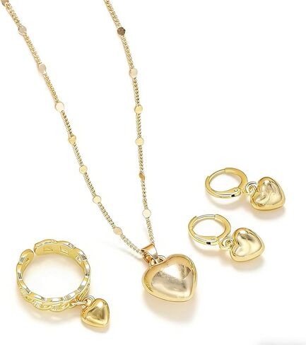 GIGB PBDK 14K Gold Heart Jewelry Set for Women Heart Pendant Necklace Hoop Earrings Statement Ring Love Necklace Earrings Ring Set Trendy Birthday Jewelry Gifts in Saudi Arabia