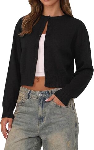 Women Y2K Button Front Crop Sweater Cardigan Solid Color Crew Neck Long Sleeve Knit Fall Tops Streetwear in Saudi Arabia