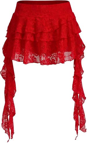 Women's Y2K Mini Skirt Ruffle Lace Asymmetrical Cute Skirts Layered Flowy Pleated Skort with Shorts in Saudi Arabia