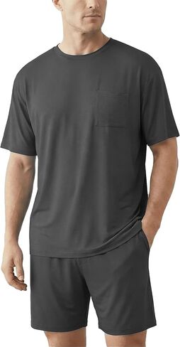 Mens Pajamas Set Cooling Viscose Made from Bamboo: Short Sleeve Shirt and Shorts, Soft Sleepwear Loungewear Summer in Saudi Arabia