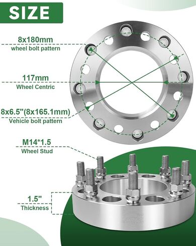 2 قطعة محولات عجلات 8x6.5 إلى 8x180، محولات عجلات 1.5 بوصة 8x165.1 إلى 8x180 117 ملم مركز أساسي لـ 1999-2010 سيلفرادو سييرا 2500 3500 HD مع مسامير M14x1.5، كروم in Saudi Arabia