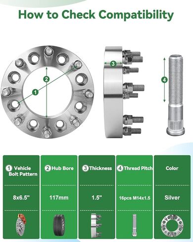 2 قطعة محولات عجلات 8x6.5 إلى 8x180، محولات عجلات 1.5 بوصة 8x165.1 إلى 8x180 117 ملم مركز أساسي لـ 1999-2010 سيلفرادو سييرا 2500 3500 HD مع مسامير M14x1.5، كروم in Saudi Arabia