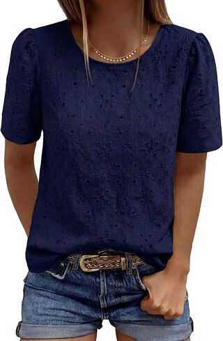 PRETTYGARDEN Embroidered Eyelet Tops for Women Summer Blouses Dressy Casual 2026 Spring Work Teacher Puff Short Sleeve Shirts in Saudi Arabia