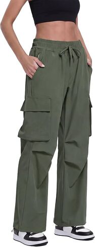 سراويل FLEFRM النسائية المظلية فضفاضة عالية الخصر - سراويل المشي لمسافات طويلة سريعة الجفاف ومقاومة للماء مع 6 جيوب in Kuwait