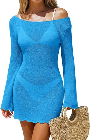 Saodimallsu Womens Swimsuit Cover Up Long Sleeve Sheer Mesh Knit Mini Dress Backless Tie Summer Beach Vacation Outfits in Saudi Arabia