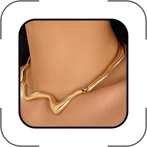 ZZ ZINFANDEL 14K Gold Liquid Metal Choker Necklace for Women,Simple Punk Irregular Geometric Metallic Clavicle Necklace,Glossy Anniversary Party Jewelry Gifts in Saudi Arabia