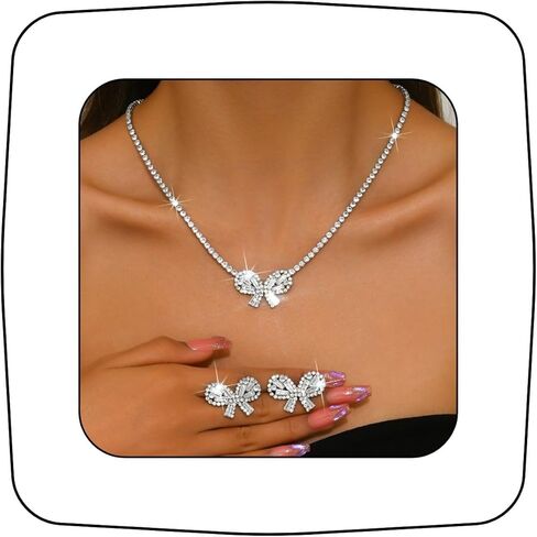 Janiasly Gorgeous Crystal Bow Jewelry Set Rhinestone Tennis Chain Necklace and Stud Earrings Vintage crystal Bow Knot Pendant Choker Necklace Bridal Wedding Accessories for Women in Saudi Arabia