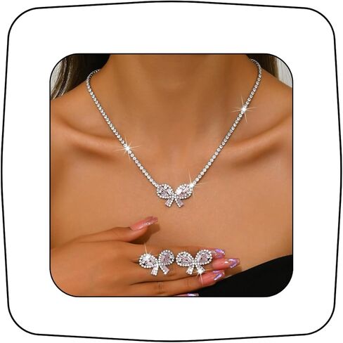 Janiasly Gorgeous Crystal Bow Jewelry Set Rhinestone Tennis Chain Necklace and Stud Earrings Vintage crystal Bow Knot Pendant Choker Necklace Bridal Wedding Accessories for Women in Saudi Arabia