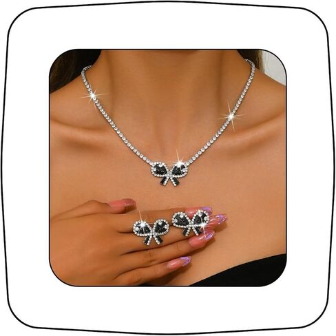 Janiasly Gorgeous Crystal Bow Jewelry Set Rhinestone Tennis Chain Necklace and Stud Earrings Vintage crystal Bow Knot Pendant Choker Necklace Bridal Wedding Accessories for Women in Saudi Arabia