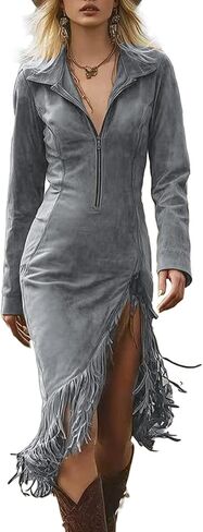 Women Western Suede Midi Dress Lapel Zip Up Long Sleeve Tassel Hem Vintage Slim Fit Fall Spring Dresses in Saudi Arabia