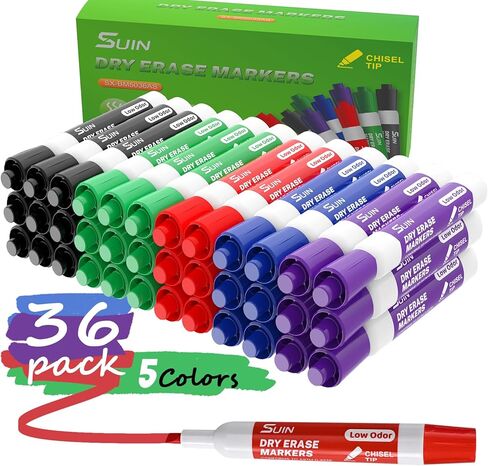 علامات المسح الجاف من SUIN، رأس إزميل - علامات السبورة البيضاء، علامات مسح جافة منخفضة الرائحة، علامات طرف الإزميل، قلم تحديد السبورة البيضاء، علامات المسح الجاف بوراد البيضاء، 5 ألوان متنوعة، 36 قطعة in Kuwait