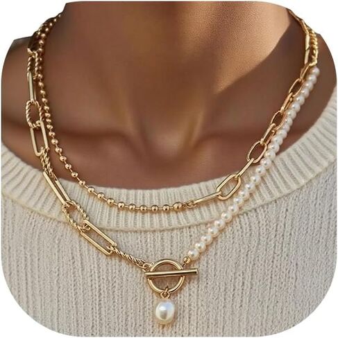 Layered Pearl Chain Necklace for Women, 14K Gold Plated Pearl Link Toggle Clasp Necklace, Dainty Trendy Layered Choker Chunky Jewelry Fashion Gift for Women in Saudi Arabia