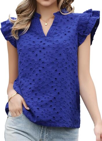 Allegra K Summer Eyelet Top for Women's Dressy Casual Split Neck Ruffle Cap Sleeve Lace Hollow Out Embroidered Blouses in Saudi Arabia