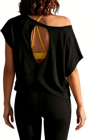 Womens Open Back Workout Shirts Cotton Tops Short Sleeve Tees Crop Backless Tops Boxy Yoga Shirts in Saudi Arabia
