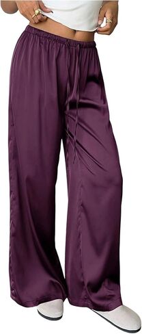 سروال نسائي من MakeMeChic مصنوع من الساتان برباط وخصر مستقيم وساق مستقيمة من الحرير باللون البني الداكن in Kuwait