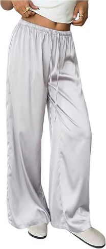 MakeMeChic Women's Satin Pants Drawstring Waist Straight Leg Chocolate Brown Silk Lounge Pants in Saudi Arabia