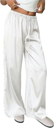 MakeMeChic Women's Satin Pants Drawstring Waist Straight Leg Chocolate Brown Silk Lounge Pants in Saudi Arabia