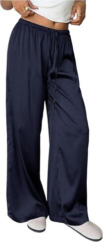 MakeMeChic Women's Satin Pants Drawstring Waist Straight Leg Chocolate Brown Silk Lounge Pants in Saudi Arabia