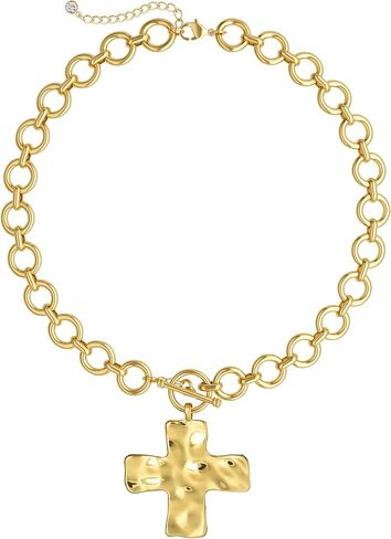 CHESKY 14K مطلية بالذهب مكتنزة الصليب قلادة للنساء، بيان قلادة الصليب كبيرة مطروق جريئة الصليب القلب قلادة قلادة العصرية الذهب تبديل القلائد خمر مجوهرات in Kuwait