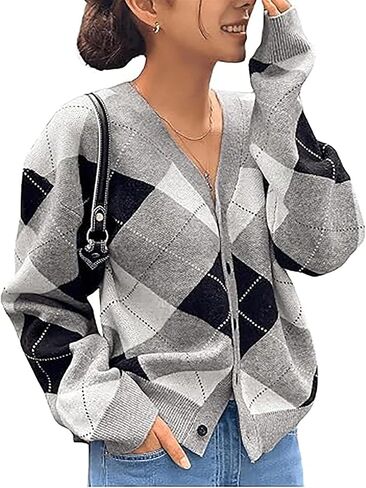 SHENHE Women's Argyle Sweater Button Down V Neck Plaid Cardigan Sweater Outerwear in Saudi Arabia