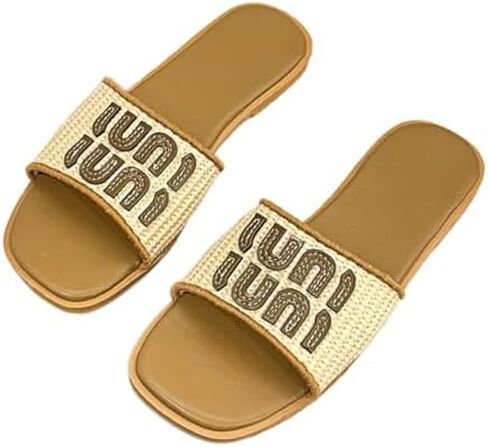 Women's Woven Slide Sandals, Casual Flat Open-Toe Slippers with Decorative Letters, Lightweight Slip-On for Indoor & Outdoor in Saudi Arabia