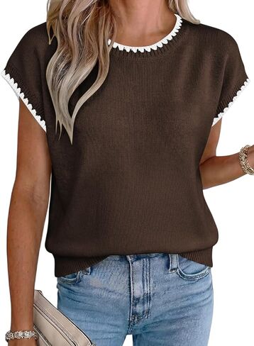 Acelitt Women's Sweater Vest Crew Neck Cap Short Sleeve Casual Loose Fit Knit Pullover Tops Oversized Sleeveless Tank Top in Saudi Arabia