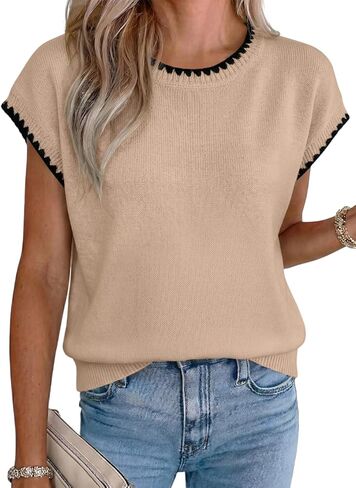 Acelitt Women's Sweater Vest Crew Neck Cap Short Sleeve Casual Loose Fit Knit Pullover Tops Oversized Sleeveless Tank Top in Saudi Arabia