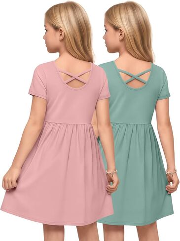 2 Pack Girls' Short Sleeve Dress Crew Neck A-Line Swing Skater Dress Summer Criss Cross Casual Sundress 5-14 Years in Saudi Arabia
