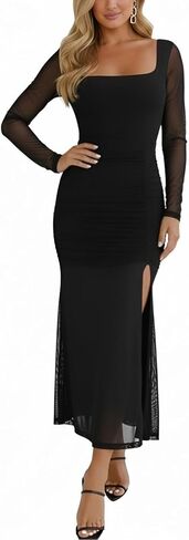 Hocuos المرأة 2025 خريف كم طويل رقبة مربعة شبكة Ruched Bodycon ماكسي فساتين سبليت كوكتيل الزفاف ضيف فستان طويل in Kuwait
