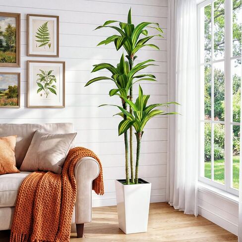 شجرة Dracaena الاصطناعية بطول 4 أقدام شجرة وهمية في الداخل مع زارع أبيض طويل القامة، Dracaena ذات اللمس الحقيقي، نباتات صناعية طويلة في الداخل لغرفة المعيشة مكتب ديكور الشرفة، تدفئة المنزل in Kuwait