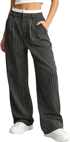 Womens Fashion Casual High Waist Spliced Loose Straight Leg Trousers Stylish Relaxed Fit Dress Pants in Saudi Arabia