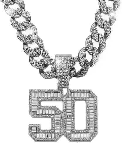 MAXBLING81 50 Large Baquette Cubic Zirconia Pendant & 15mm 20" Iced Gold Silver Plated Cuban Chain Bling Necklace Hip Hop Jewelry in Saudi Arabia
