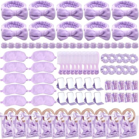 MXQHXZSX 92 Pcs Pink Spa Sleepover Party Supplies for Girls, Include Skincare Headband Set Scrunchie Eye Mask, Mirror Hair, Comb, Nail Care Gift Bags for Spa Slumber Birthday Party Favors Supplies in Saudi Arabia