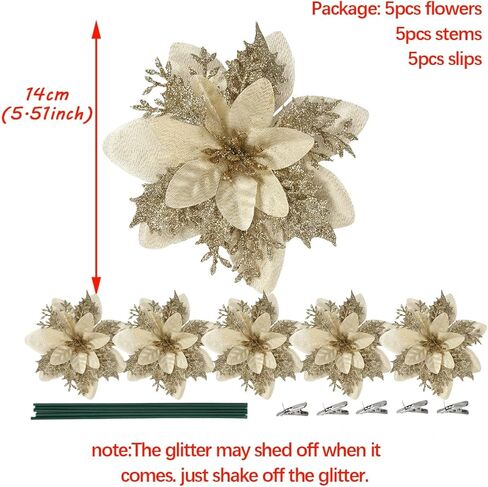 5 Pcs White Poinsettia Artificial Christmas Flowers for Xmas Tree 5.5" Glitter Poinsettias Faux Flower with Clips Stems DIY Decoration Wreath New Year Wedding Home Party Ornament in Saudi Arabia