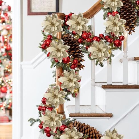5 Pcs White Poinsettia Artificial Christmas Flowers for Xmas Tree 5.5" Glitter Poinsettias Faux Flower with Clips Stems DIY Decoration Wreath New Year Wedding Home Party Ornament in Saudi Arabia