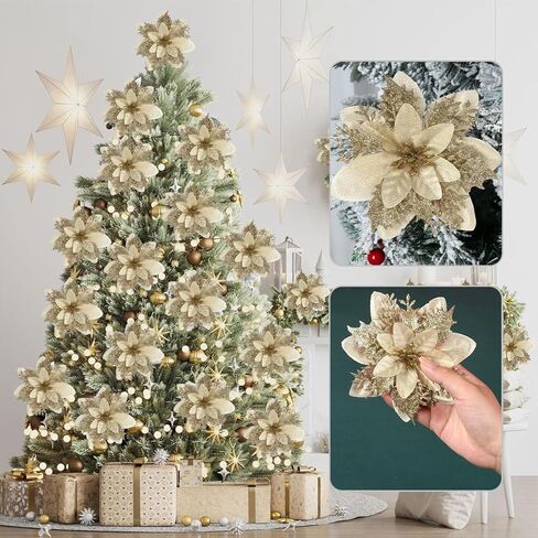 5 Pcs White Poinsettia Artificial Christmas Flowers for Xmas Tree 5.5" Glitter Poinsettias Faux Flower with Clips Stems DIY Decoration Wreath New Year Wedding Home Party Ornament in Saudi Arabia