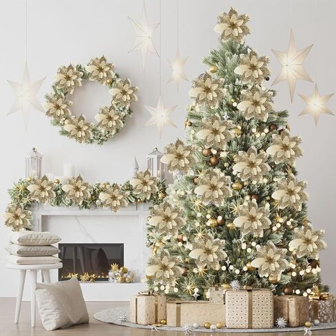 5 Pcs White Poinsettia Artificial Christmas Flowers for Xmas Tree 5.5" Glitter Poinsettias Faux Flower with Clips Stems DIY Decoration Wreath New Year Wedding Home Party Ornament in Saudi Arabia