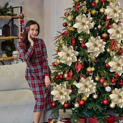 5 Pcs White Poinsettia Artificial Christmas Flowers for Xmas Tree 5.5" Glitter Poinsettias Faux Flower with Clips Stems DIY Decoration Wreath New Year Wedding Home Party Ornament in Saudi Arabia