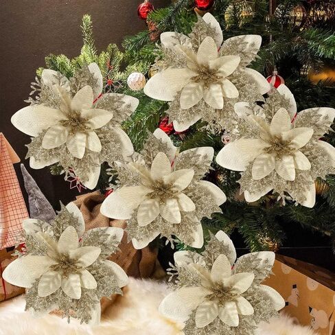 5 Pcs White Poinsettia Artificial Christmas Flowers for Xmas Tree 5.5" Glitter Poinsettias Faux Flower with Clips Stems DIY Decoration Wreath New Year Wedding Home Party Ornament in Saudi Arabia