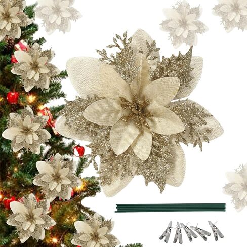 5 Pcs White Poinsettia Artificial Christmas Flowers for Xmas Tree 5.5" Glitter Poinsettias Faux Flower with Clips Stems DIY Decoration Wreath New Year Wedding Home Party Ornament in Saudi Arabia