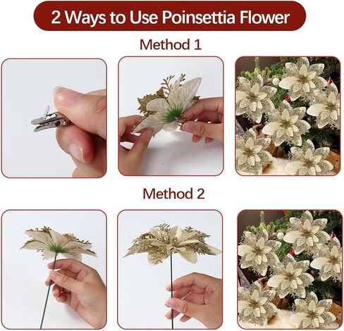 5 Pcs White Poinsettia Artificial Christmas Flowers for Xmas Tree 5.5" Glitter Poinsettias Faux Flower with Clips Stems DIY Decoration Wreath New Year Wedding Home Party Ornament in Saudi Arabia