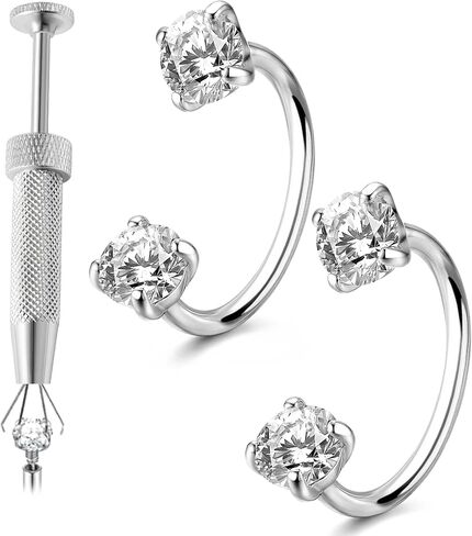 Double Gem Titanium Horseshoe Nose Ring, Internally Threaded Solid Titanium CZ Horseshoe Nose Hoop in Saudi Arabia