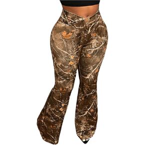 SweatyRocks Women's Plus Size Flare Leg Skinny Pants High Waisted Camo Leggings Bootcut Bell Bottom in Kuwait