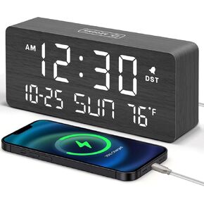 منبهات رقمية خشبية من DreamSky لغرف النوم - ساعة مكتب غرفة المعيشة مع التاريخ ويوم الأسبوع، درجة الحرارة، منفذ USB، عجلة باهتة، حجم قابل للتعديل، التوقيت الصيفي التلقائي، ديكور خشبي لطاولة المكتب in Kuwait