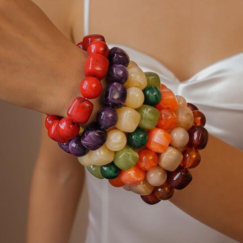 Caiyao Colorful Acrylic Irregular Square Round Beaded Charm Bracelets Handmade Bohemia Multicolor Resin Beads Stretch Bracelet for Women Men Summer Beach Holiday Jewelry Gifts in Saudi Arabia