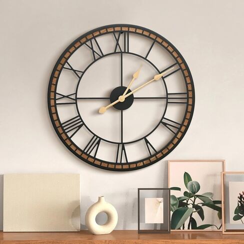 Micasso Non-Ticking Large Wall Clock : 20inch Modern Metal Black with Solid Wood Frame Silent Clock for Living Room/Bedroom/Kitchen - Home Decor for Fashion-Conscious (Style 1, 20-Inch) in Kuwait