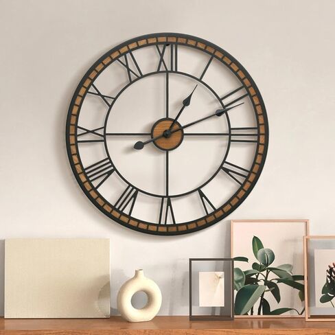 Micasso Non-Ticking Large Wall Clock : 20inch Modern Metal Black with Solid Wood Frame Silent Clock for Living Room/Bedroom/Kitchen - Home Decor for Fashion-Conscious (Style 1, 20-Inch) in Kuwait