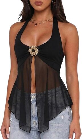 Women Sheer Mesh Halter Top Y2k Backless Flowy Going Out Tops in Kuwait