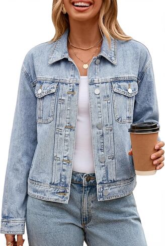Glamaker Womens Jean Jacket 2026 Casual Basic Trendy Button Down Long Sleeve denim Jacket Coat With Pockets in Saudi Arabia